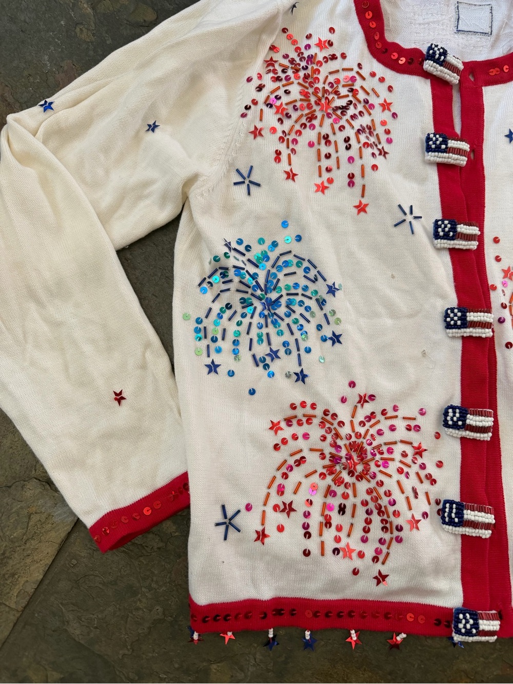 Jack B. Quick White Fireworks Embellished Cardigan sequins. Beaded. Sz S 1990s - Picture 2 of 11